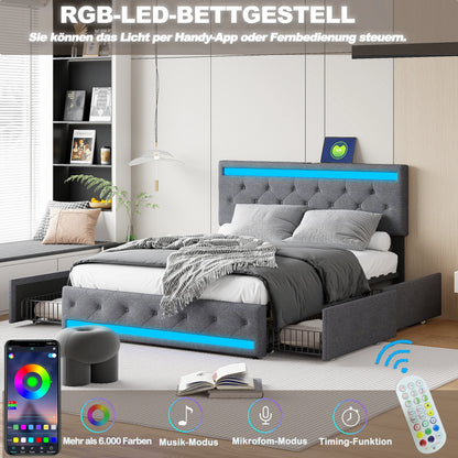 Comanlai 140 x 200 cm/160 x 200 cm/180 x 200 cm Doppelbett mit LED-Licht und 4 Schubladen, gepolstertes Bett mit USB-Ladeanschluss, Leinen