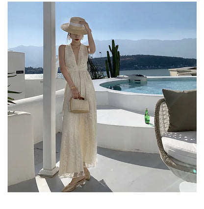 Women Beige Elegant Backless Pleated Lace Jumpsuit Summer V Neck Sleeveless High Waist Wide Leg Long Pant Rompers Sexy Club Chic.