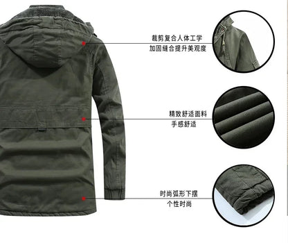 Parkas Coat Military Windproof Hooded Jackets Man Washed Cotton Thick Fleece Casual New  Winter Warm Varsity Jacket Men.