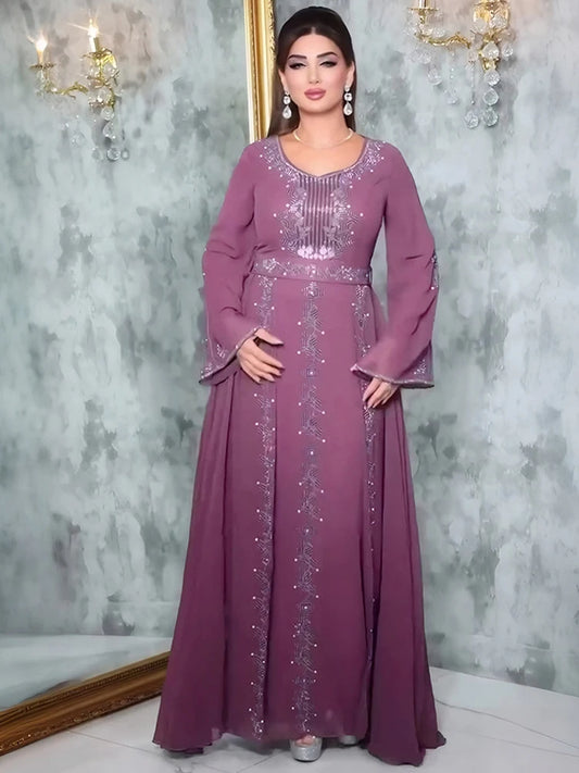 Elegante Frauen Abendkleid Langarm Chiffon Maxi Roben Luxus Diamant Party Kleider Dubai Türkei Abayas Kaftan Marocaine Femme.