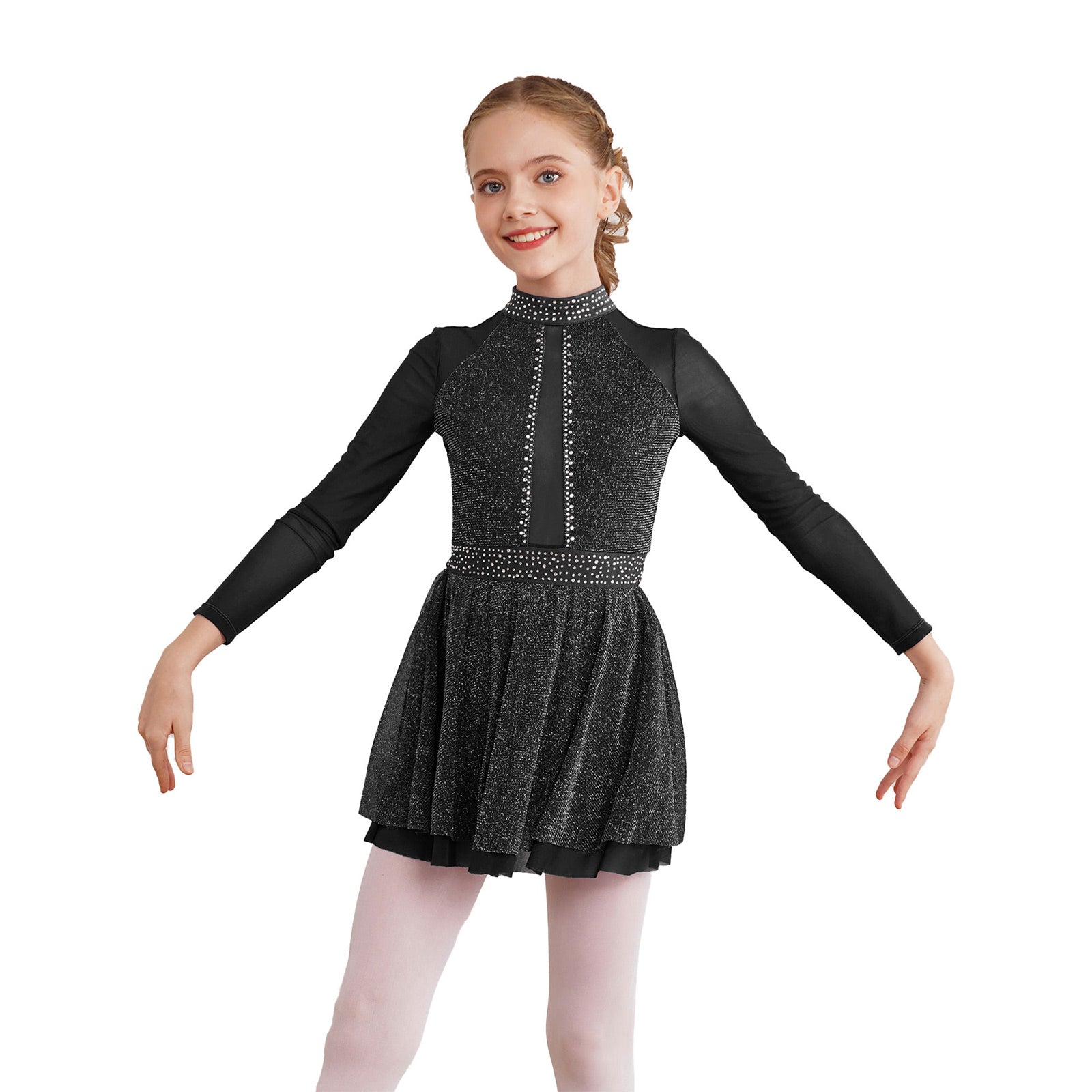 Kinder Mädchen Eiskunstlauf Kostüm Ballett lyrische Tanz gymnastik Trikot Kleid Langarm glänzend Mesh Performance Dance wear.
