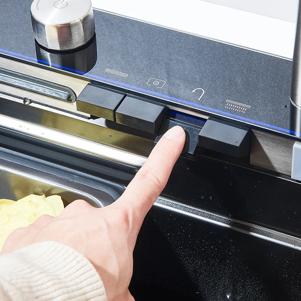 Wasserfall-Küchenspüle aus Edelstahl 304, großes Einzelschlitz-Wasserhahn-Set mit integrierter Digitalanzeige, Seifenspender, 75 x 45 cm