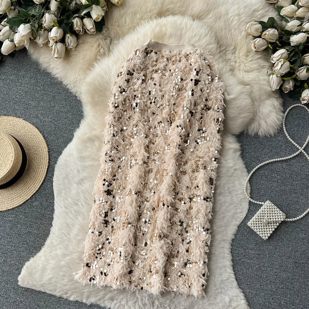 Skirts Women Autumn High Waist Midi Sequined Elegant Korean Fashion Back Slit A-line Loose Casual Simple All-match Faldas Largas.