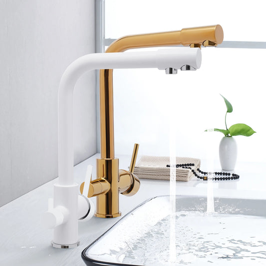 White/Gold 3-way Kitchen Faucet Stainless Steel Countertop Faucet Suitable for Homes, Restaurants, Hotels, Kitchens