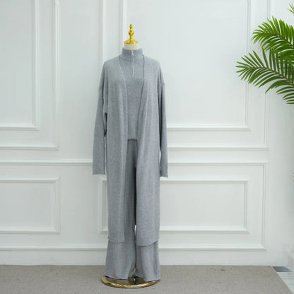 Winter Thicken 3 Piece Muslim Sets for Women Knit Tops Pants Islamic Outfit Sweater Dress Dubai Abaya Kaftan Musulmane Ensembles.