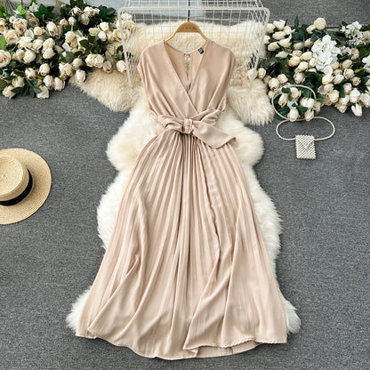 Französisch Vintage elegante Plissee Vneck Kleid A-Linie Mode Chiffon Frühling Herbst ärmellose Vestidos Frauen kleider.