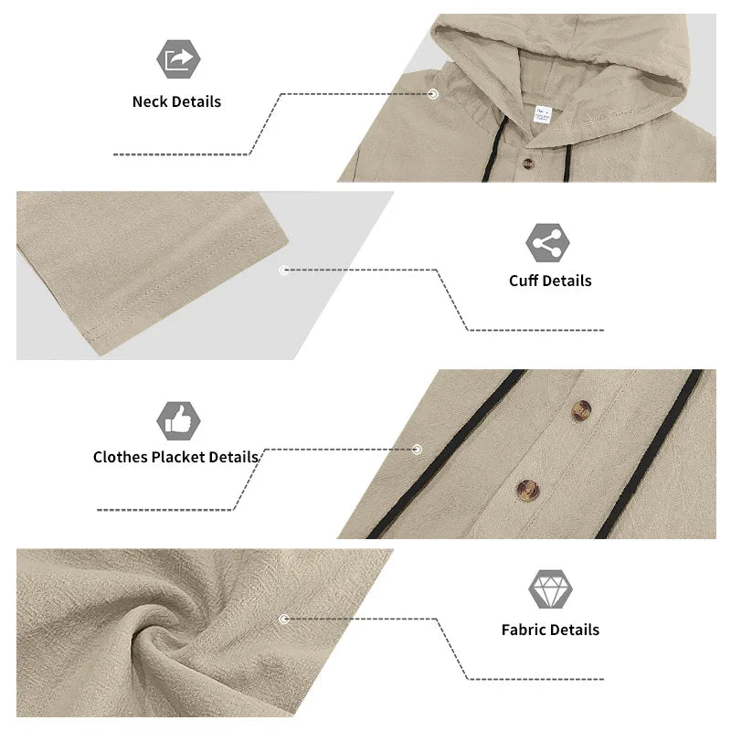 Cross-border Autumn Linen Men's Casual Suit Loose Hooded Henley Shirt Long Sleeve Pants Suit