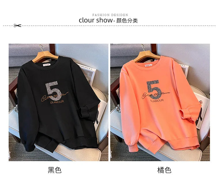 175kg plus size Damen büste Frühling Herbst loser Rundhals ausschnitt bedrucktes Langarm-Sweatshirt schwarz orange 5xl 6xl 7xl 8xl 9xl.
