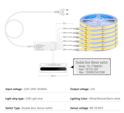 Doppelte Tür Sensor Steuerung COB LED Streifen Lichter Smart Vitrine Kleiderschrank Wein Schrank Integrierte Beleuchtung Näherungssensor Schalter.
