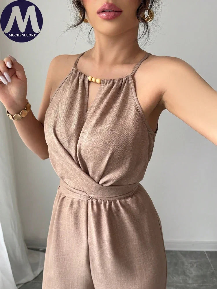 Woman Jumpsuits Elegant Summer Fold Off Shoulder Beads Jumpsuits Fashionable Slim Fit Belt Button High Waist Wide Legs Jumpsuits.