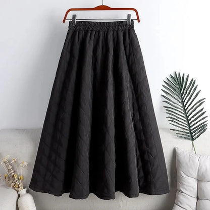 Autumn Winter Cotton Quilted Skirt Warm Womens A-line Faldas Vintage Thicken High Waist Saias Korean Fashion Knee-length Skirts