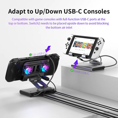 6 In 1 Rgb Dual Fans Docking Station for Rog Ally Steamdeck Game Console Dock Adjustable Height Dock Bracket with Hdmi 4K 60Hz.