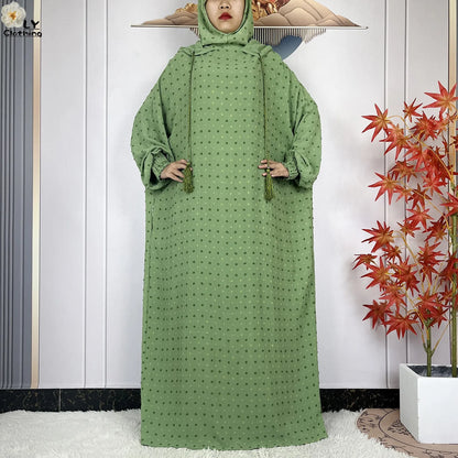 2024New Pure Cotton Ramadan Muslim Two-Hat Abaya Dubai Turkey Islam Prayer Clothes Loose Robe Islamic Women Traditional Clothing.