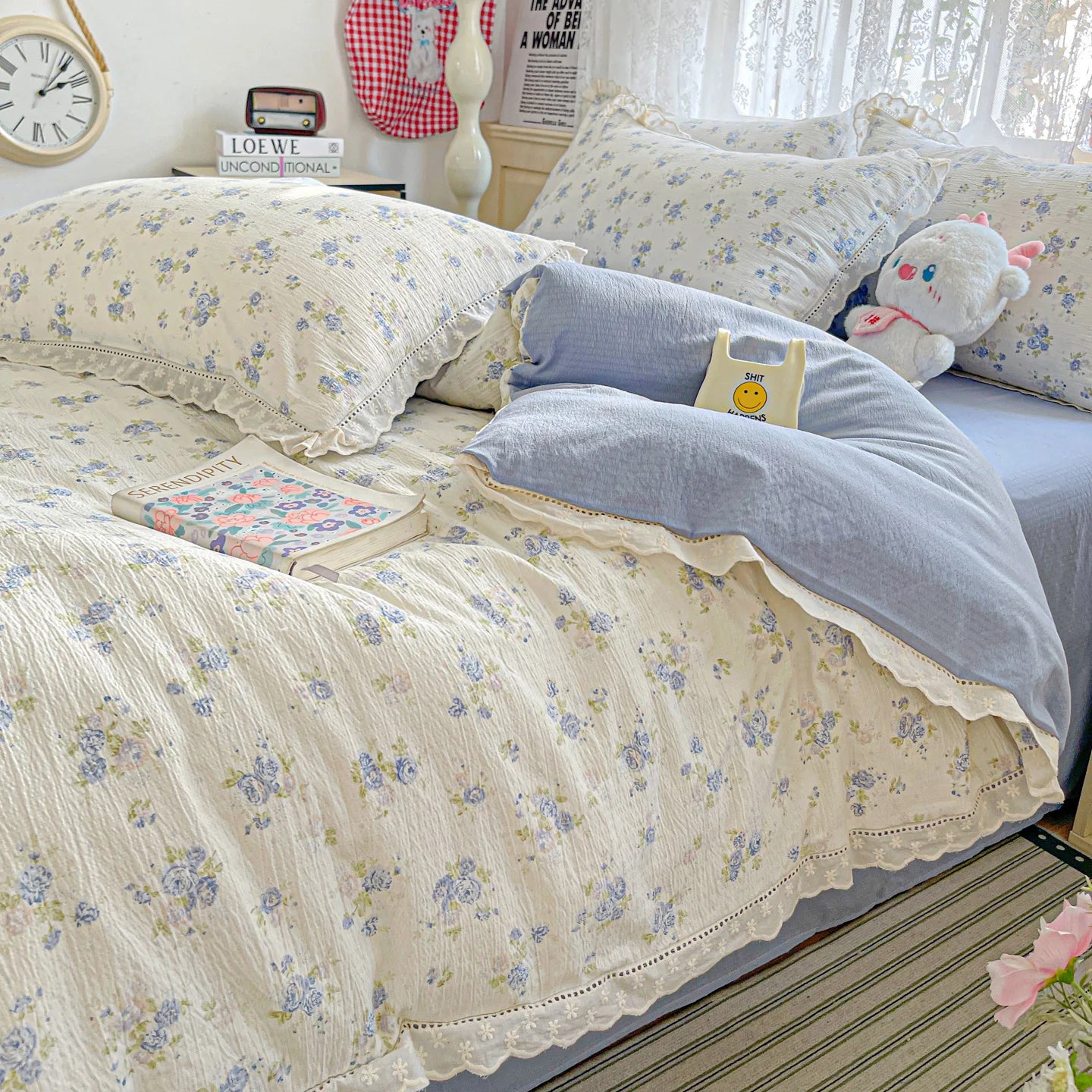 2025 new small fresh printing French lace lace double four-piece set bedding wrinkled yarn student three-piece set