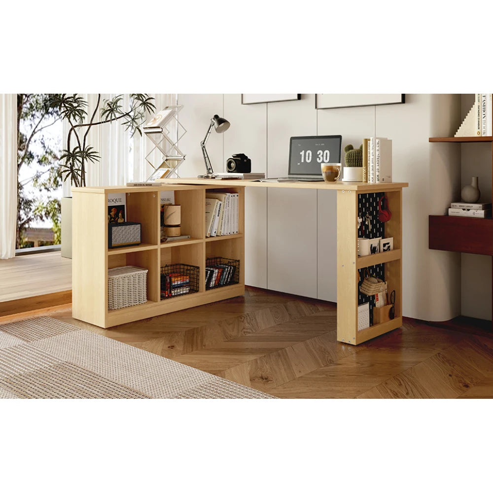 140 x 104 x 75 cm, multifunktionaler Büroschreibtisch, sechsfacher Aufbewahrungsschrank + Regal, super langlebig, austauschbare Form, natürlich