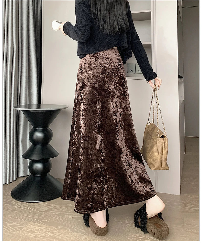 Plush Velvet Midi Skirt - 2025 New High-Waisted A-Line Mermaid Hem Skirt, Fleece-lined, Autumn Winter Thick Velvet Skirt.
