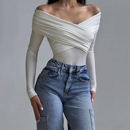 Casual Daily Wear Top Fashiontop Slim Fit Bodysuit Black Off-shoulder Top Brand New Condition Cross Design Daily Use Application.