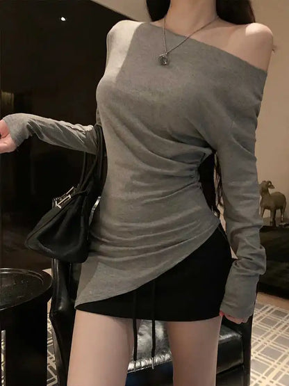 Sexy Long Sleeve T-Shirt Shoulder Bared Waist Cinched Slim Fit Knitted Cotton Solid Color Casual Urban Style for Early Autumn
