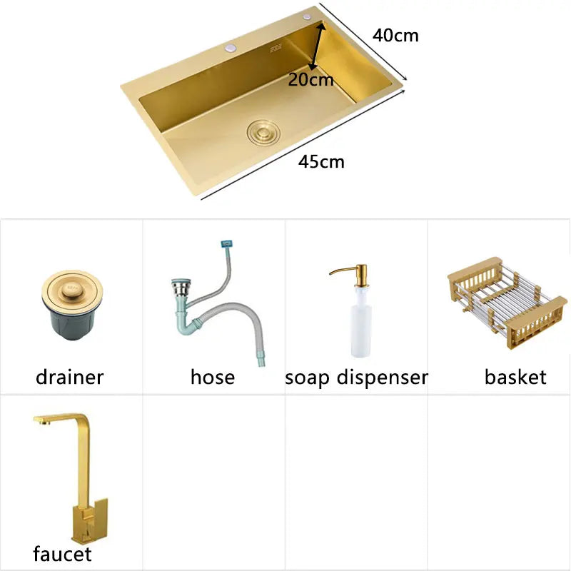 Goldene Küchenspüle über der Theke, Einzelschüssel aus Edelstahl 304, Goldkorb, Abtropffläche, Seifenspender, Waschbecken