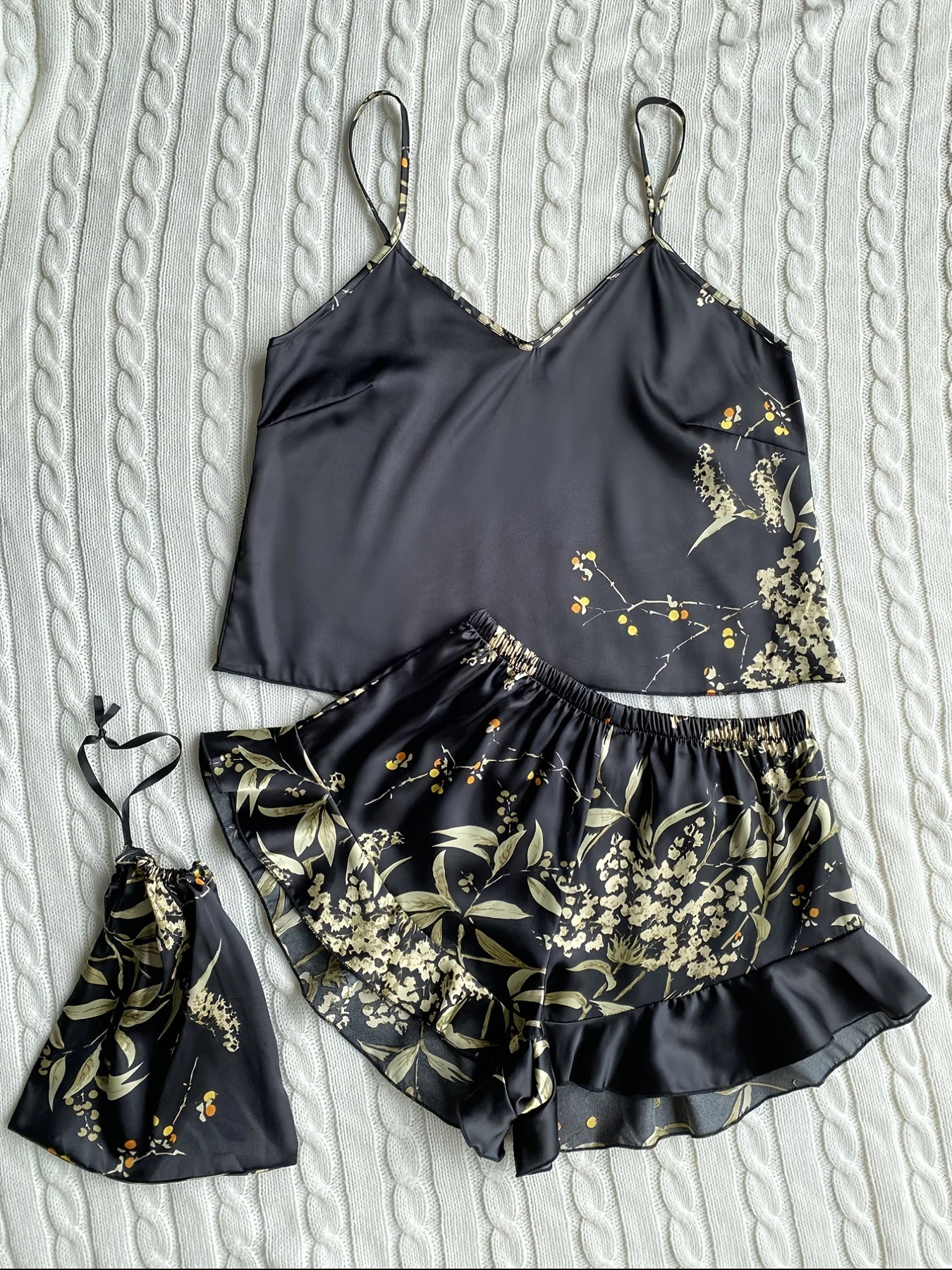 Elegante Cami-Tops mit Blumendruck, Rüschensaum, Shorts, Pyjama-Set, Damen-Nachtwäsche, Loungewear.