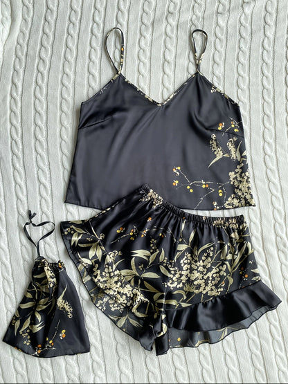 Elegante Cami-Tops mit Blumendruck, Rüschensaum, Shorts, Pyjama-Set, Damen-Nachtwäsche, Loungewear.