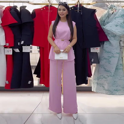 Women Women Piece Set High Waist Pocket Pant Sets Tops Solid Sleeveless Spliced Elegant Round Neck Top Suits Office Lady.