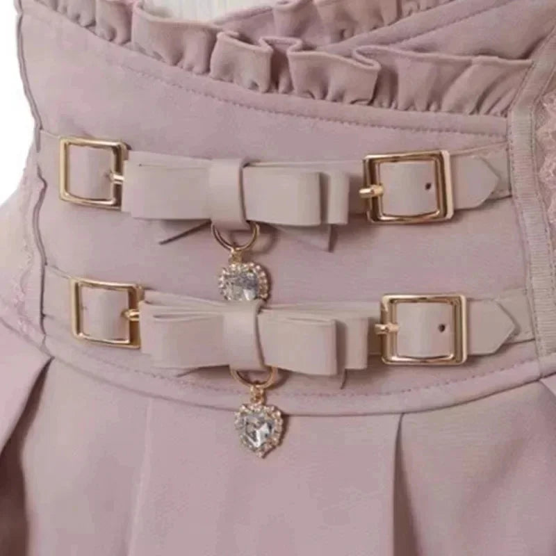 Japan Style High Waist Pleated Mini Skirts Bow Knot Design Mini Skirts Kawaii Slim Fit A-line Skirts Pink Lace Skirts For Women.