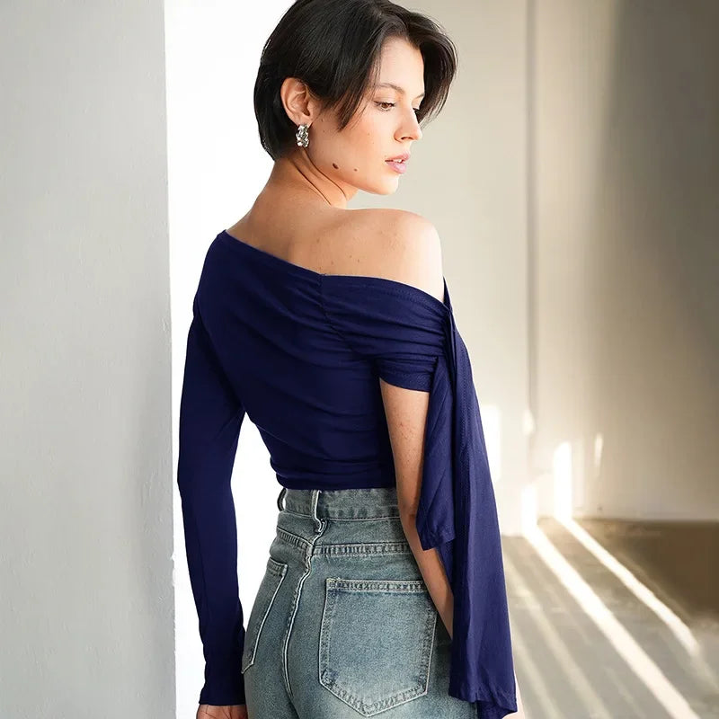 Y24TP610 Women's Autumn New Solid Color Crossbody Single Shoulder Top Sexy Asymmetric Single Sleeve T-Shirt From China.