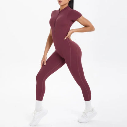 New Women's Yoga Jumpsuit Front Zipper Tight Back Hollow Out Short Sleeve-pants Activewear for Fitness Running Gym Workout