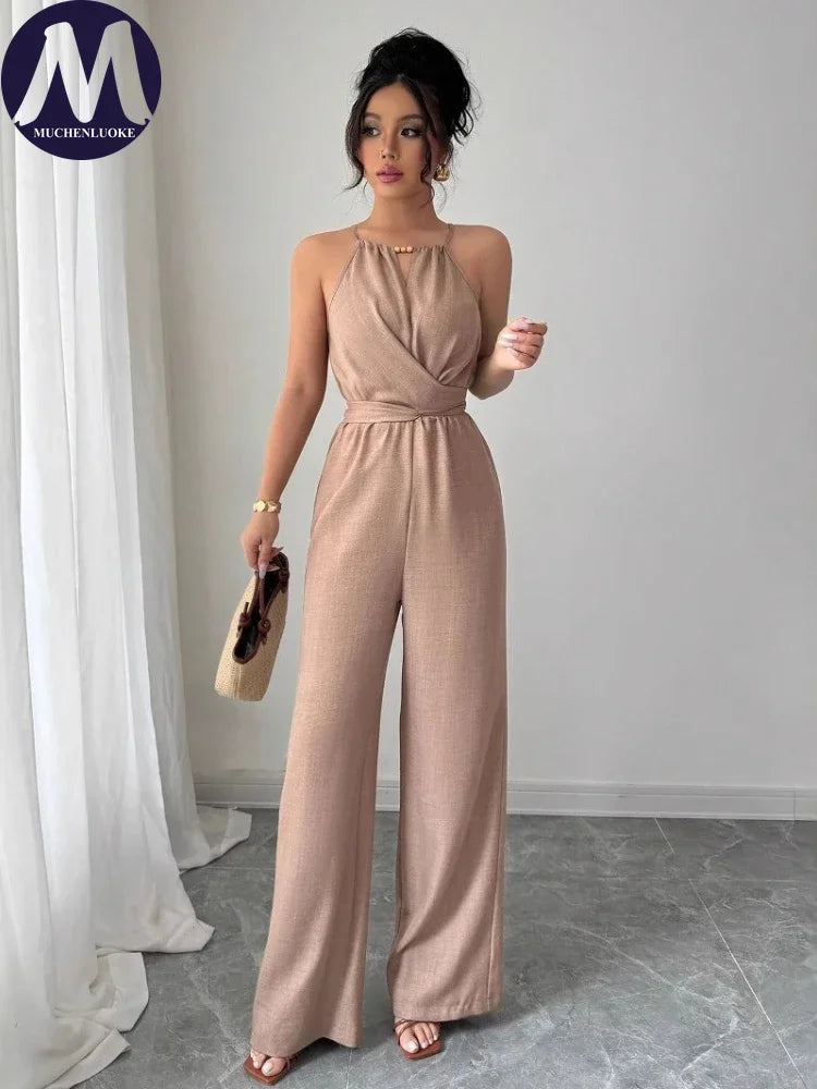 Woman Jumpsuits Elegant Summer Fold Off Shoulder Beads Jumpsuits Fashionable Slim Fit Belt Button High Waist Wide Legs Jumpsuits.