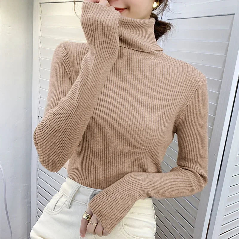 Frauen einfarbig lange Ärmel Roll kragen pullover Strick pullover grundlegende weiche Pullover einfache elegante Mode neu
