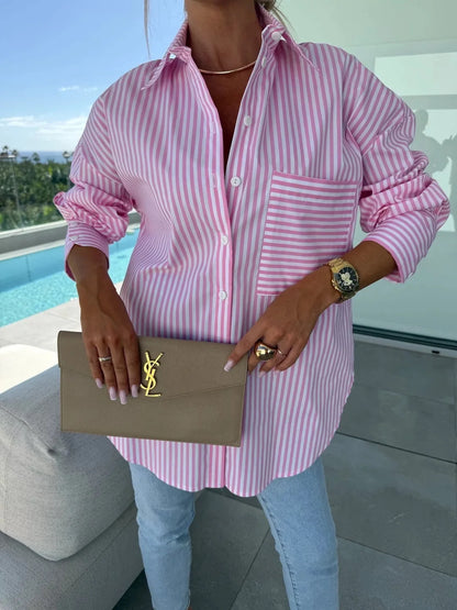 2025 New Women's Shirt Long Sleeve Striped Pocket Button Blue Casual Loose Top Street Office Pink Blouses.