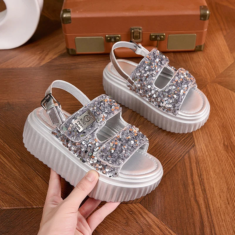 AUTUSPIN 6cm Women Flat Sandals Fashion Platform Ladies Shoes Bling Bling Sequined Cloth Female High Heels Chunky Rome Sandalias.