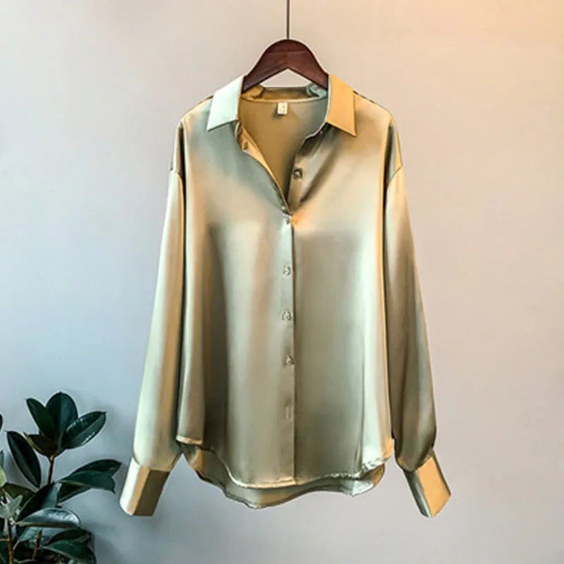 1pcs Woman Spring Autumn Satin Shirt Lady Long Sleeve Lapel Blouses Cardigans Elegance Sweet Casual Coats Girl Sunscreen Top.
