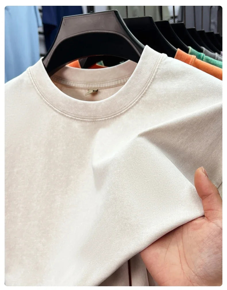 Personality washed vintage short sleeve T-shirt high-end 100% pure cotton men fashion round neck comfort lightweight casual top