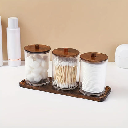 Transparent Acrylic round Wood Lid Cotton Swab Box Plastic Small Organizer Box Makeup Remover Cotton Storage Box Set.