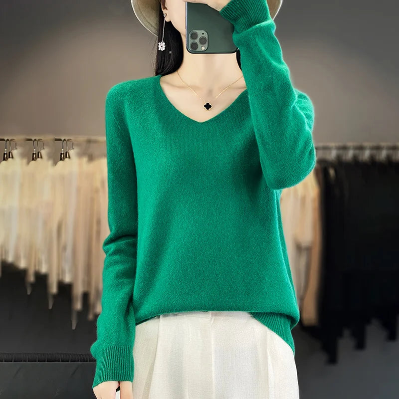 Women 100% Merino Wool Sweater V-Neck Basic Pullover Autumn Winter Cashmere Clothing Long Sleeve Soft Knitwear Tops Solid Color