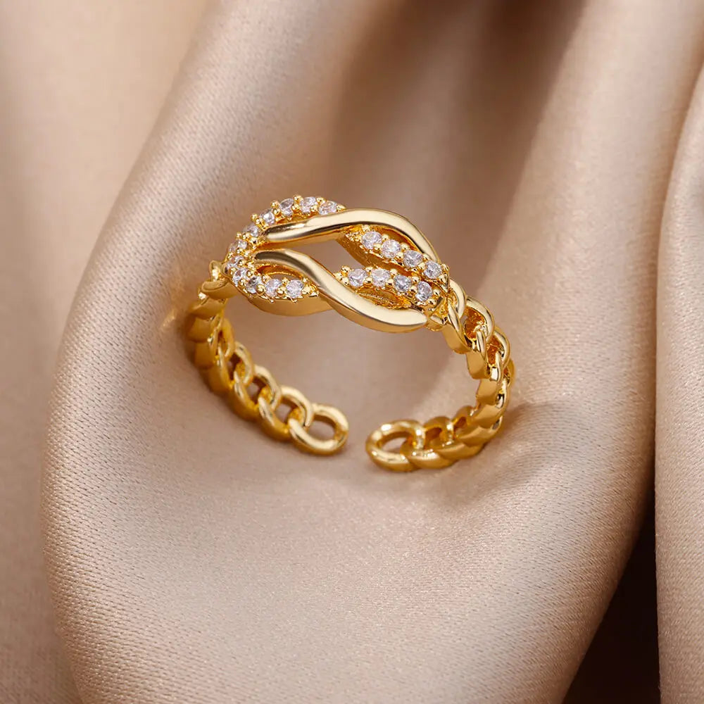 Gold Plated Stainless Steel Crystal Rings For Women Chain Geometry Zircon Finger Ring Jewelry Gift anillos mujer 2025 New Trendy.