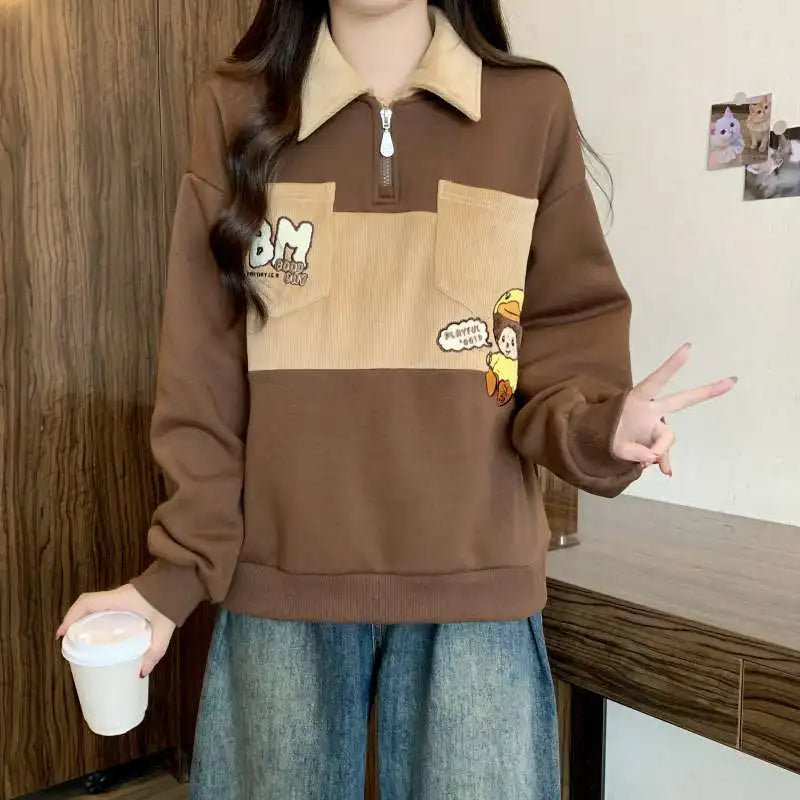 Oversized Autumn Winter Casual Printing Turn-down Collar Long Sleeve Sweatshirts Female Preppy Style Cartoon Loose T-Shirts Tops.