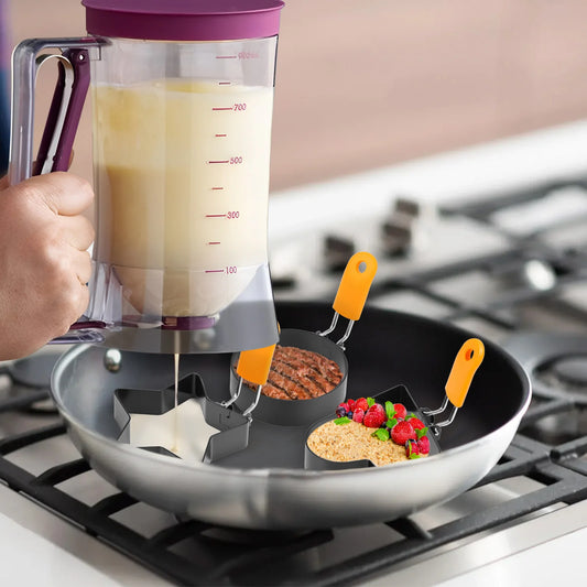 Handheld Batter Dispenser with Fried Egg Mold Set Pancake Cupcake Batter Dispenser Muffin Waffles Pastry Paste Distribution Tool.