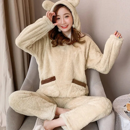 Verdickte warme Flanell Herbst und Winter Frauen Cartoon Plüsch mit Kapuze Bär Nachtwäsche Loungewear zweiteilige solide Nachtwäsche Homewe.