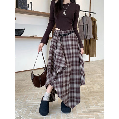 MEXZT Vintage Plaid Woolen Midi Skirt Women Y2K Harajuku Belt Asymmetrical Skirts Winter Gyaru Grunge Korean Design Faldas New
