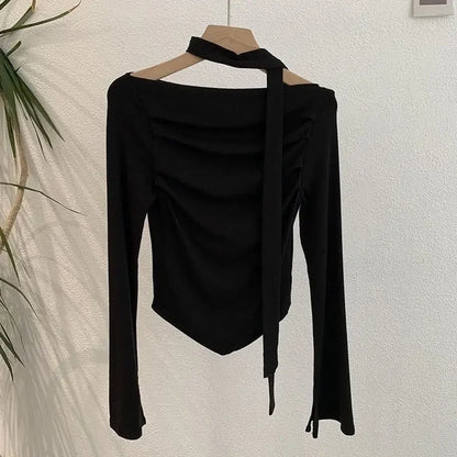 Elegant Long Sleeve Neck Hanging Sash Slim Fit T-Shirt Women's Red Black Other Pure Color Pleated Chic One Shoulder Top.