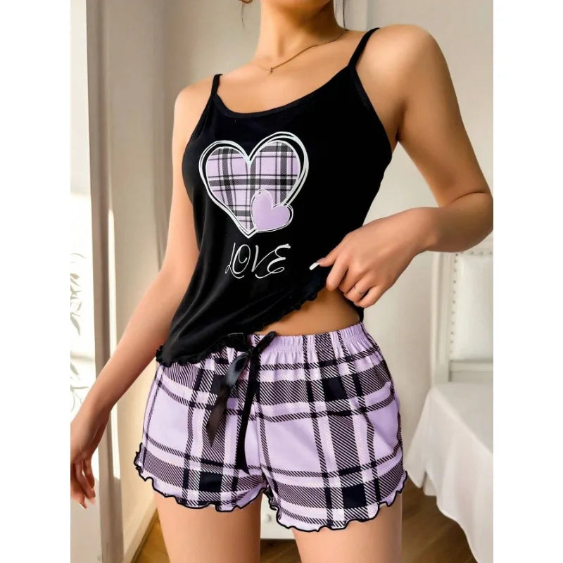 Frauen Sexy Hosenträger Shorts Dünne Pyjamas Brief Drucken Plaid Shorts Große Pyjamas Romantische Hause Tragen Sexy Nachtwäsche Kurze Pyjama.