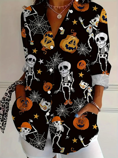 Women's Halloween skull shirt gothic style top button front shirt suitable for party wear casual wear.