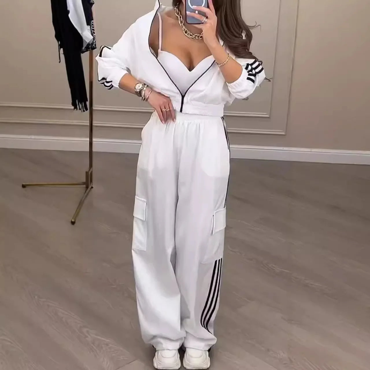 Sports Trousers Loose White Casual Women's Set Fashion Zipper High-waisted Hoodie + Wide-leg Overalls 2-piece Sweatshirt Suit.