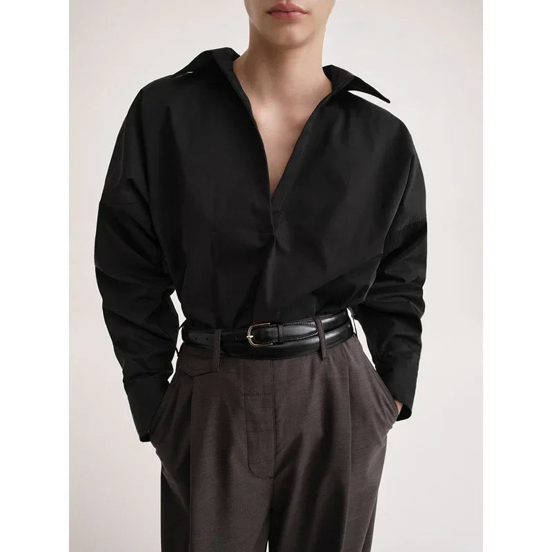 LUXURY Women's Vertical Striped Shirt, Short Front and Back, Short, Vertical Striped Shirt, Loose Long Sleeve, Commuter Style