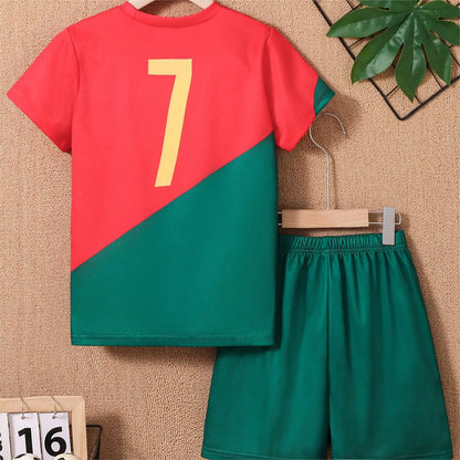 2024 Youth and Children Red and Green Splicing Color No. 7 Legend Quick-drying Sports Football Suit Set.