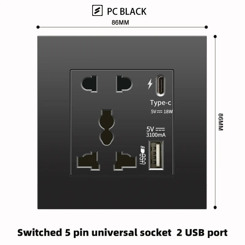 Schwarze UK 13A Wandsteckdose mit USB Typ C 18W Schnelllade-Steckdose, Wandsteckdose mit USB-Ladegerät, Schalter mit Steckdose