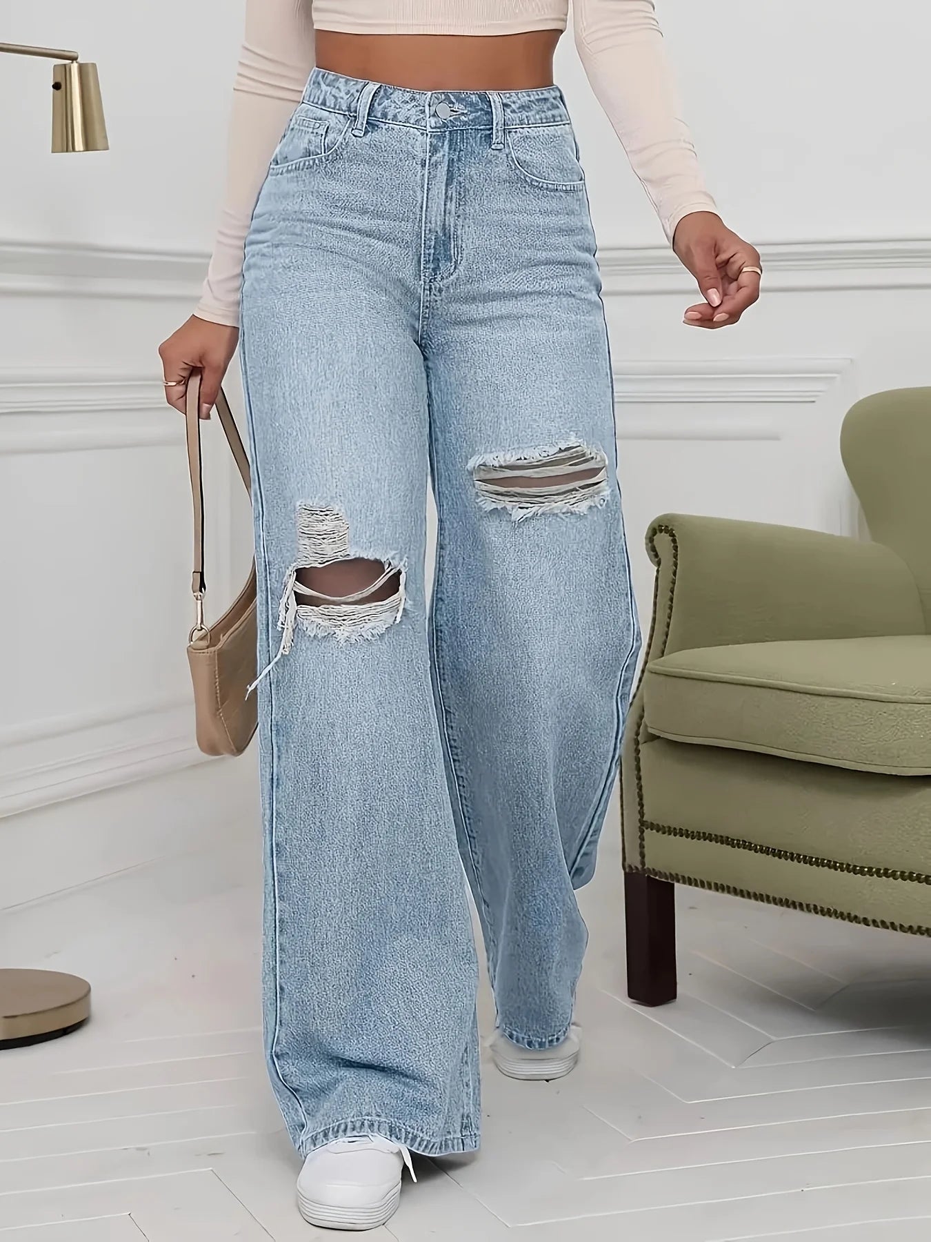 Plus size women's jeans fashion stretch ripped trousers j classic five-pocket cut jeans.